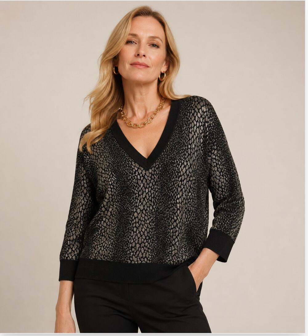 Michael Kors Black Metallic Animal Print V Neck 3/4 Sleeve Sweater M